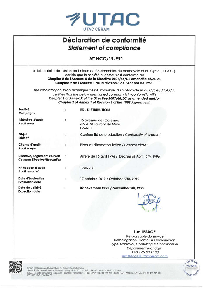certifications utac brl plaque immatriculation siv auto moto 4x4 nikkalite 3m pet pmma